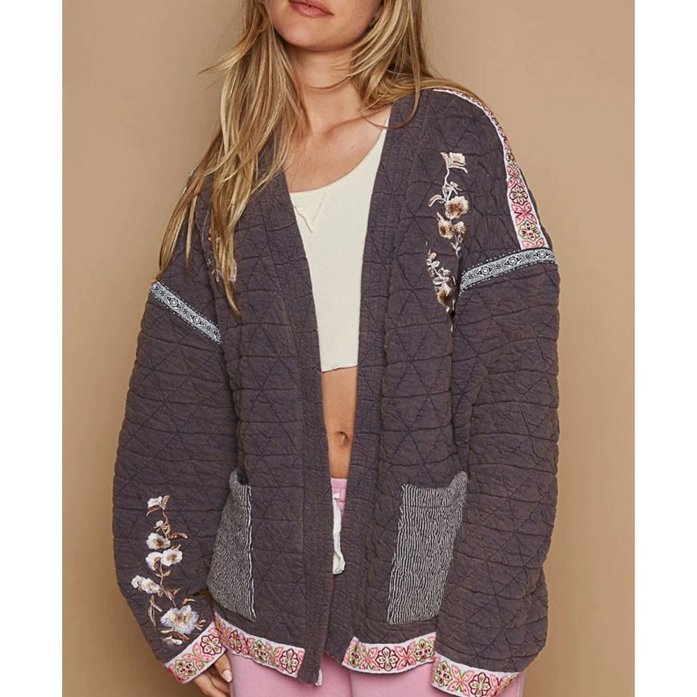 POL Floral Quilted Jacket - Dark Gray and Pink